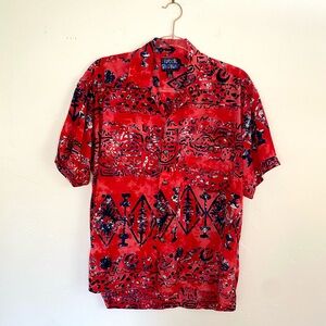 80s Vintage Hawaiian Shirt L Tropical Tantrum Red Batik Men’s Aloha Shirt RARE